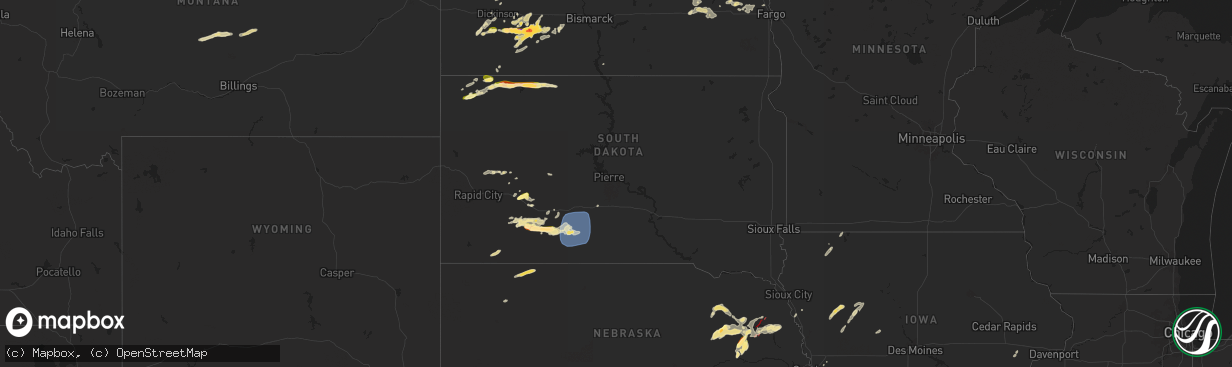 Hail map in South Dakota on June 15, 2024