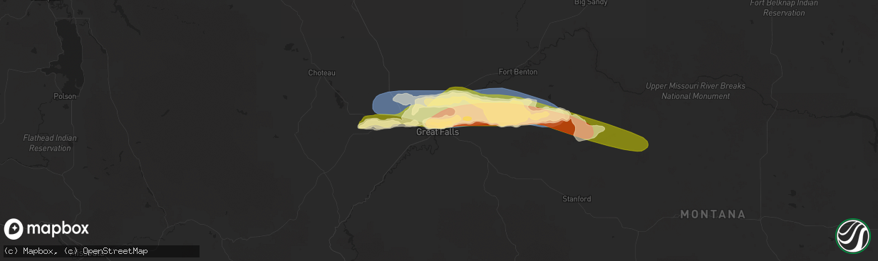 Hail map in Great Falls, MT on June 15, 2025