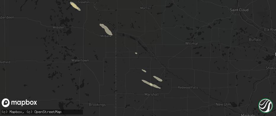 Hail map in Dawson, MN on June 15, 2026