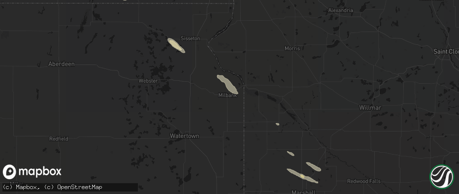 Hail map in Milbank, SD on June 15, 2026
