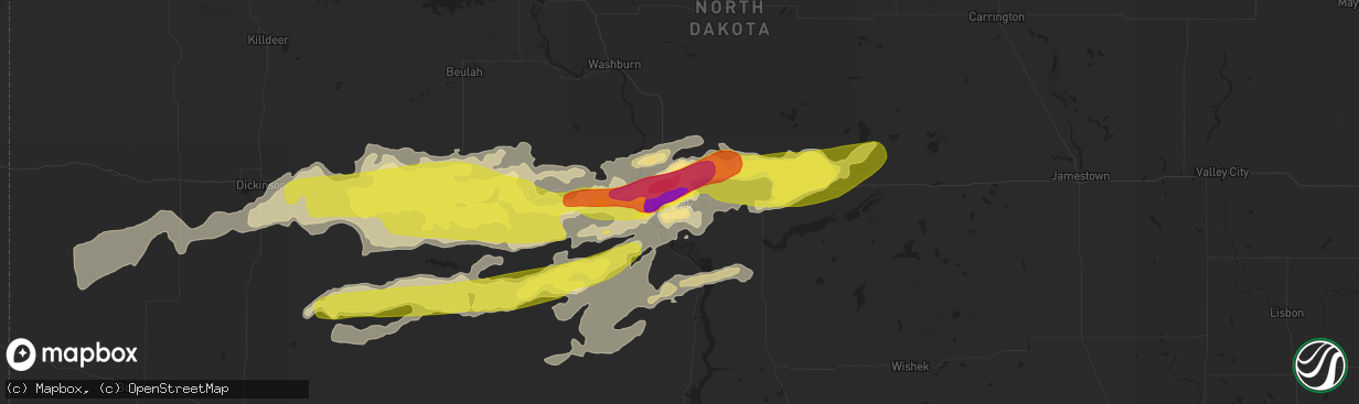 Hail map in Bismarck, ND on June 16, 2016