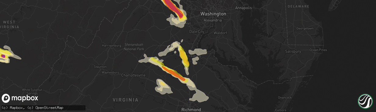 Hail map in Fredericksburg, VA on June 16, 2016