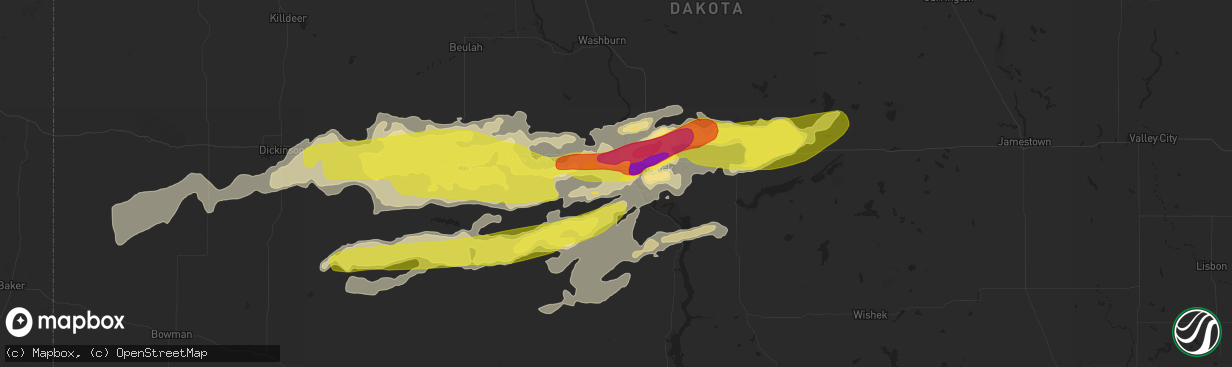 Hail map in Mandan, ND on June 16, 2016