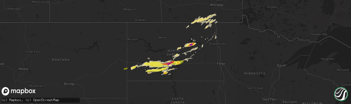 Hail map in North Dakota on June 16, 2016