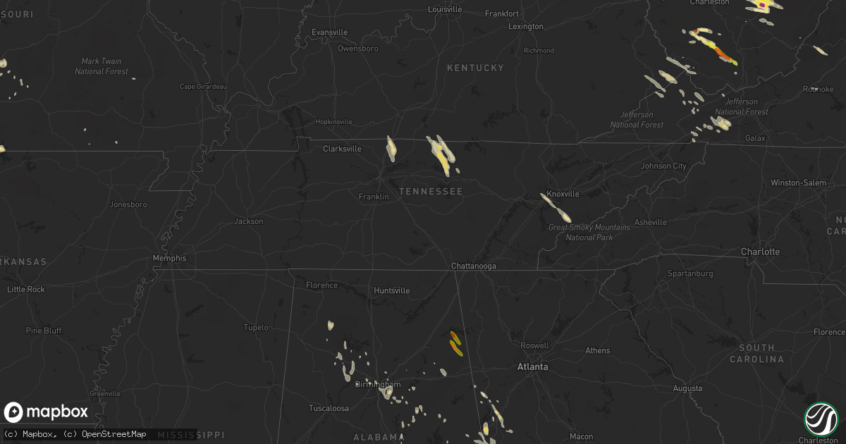 Hail map in Tennessee on June 16, 2016