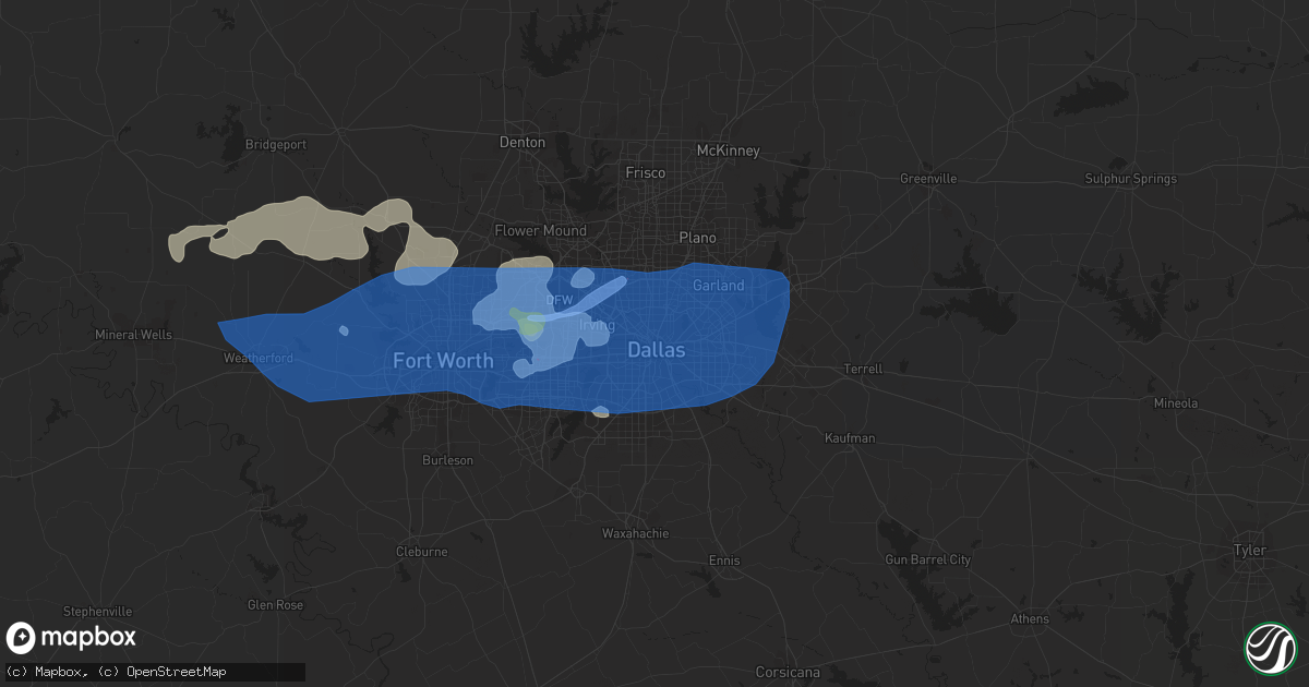 Hail map in Dallas, TX on June 16, 2019