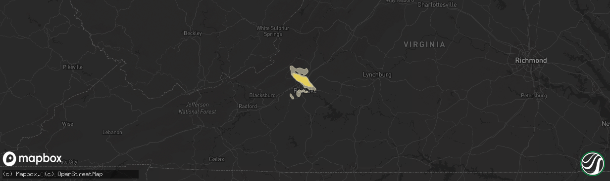 Hail map in Roanoke, VA on June 16, 2022