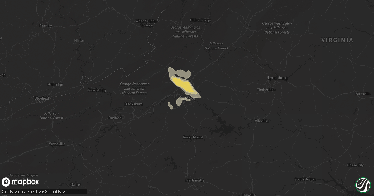 Hail map in Roanoke, VA on June 16, 2022