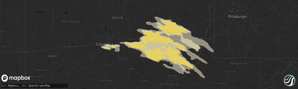 Hail map in Zanesville, OH on June 16, 2022