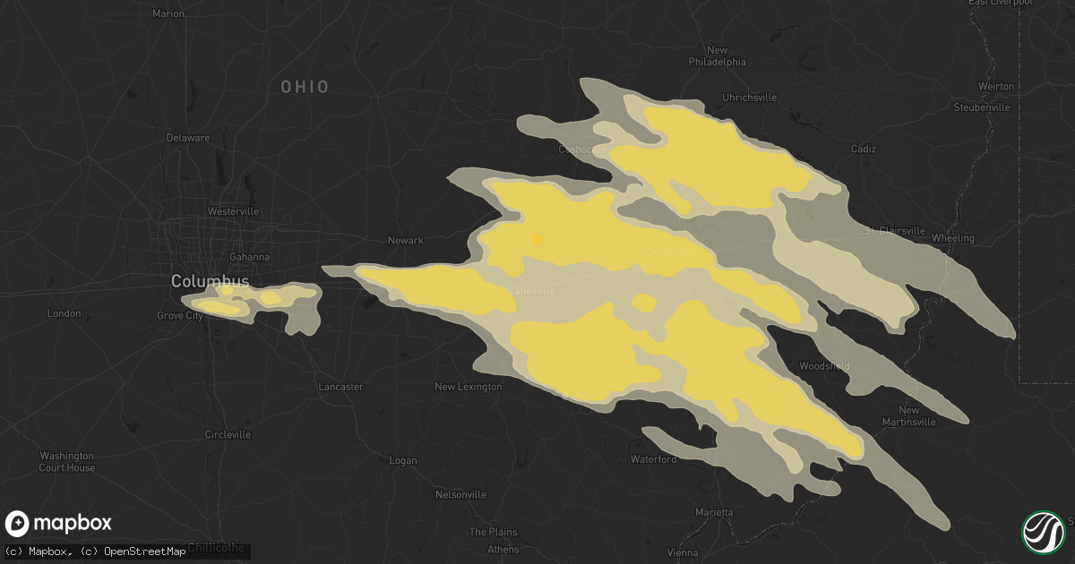 Hail map in Zanesville, OH on June 16, 2022