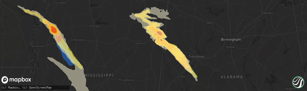 Hail map in Columbus, MS on June 16, 2023