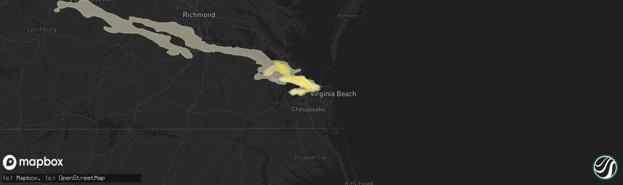 Hail map in Norfolk, VA on June 16, 2023