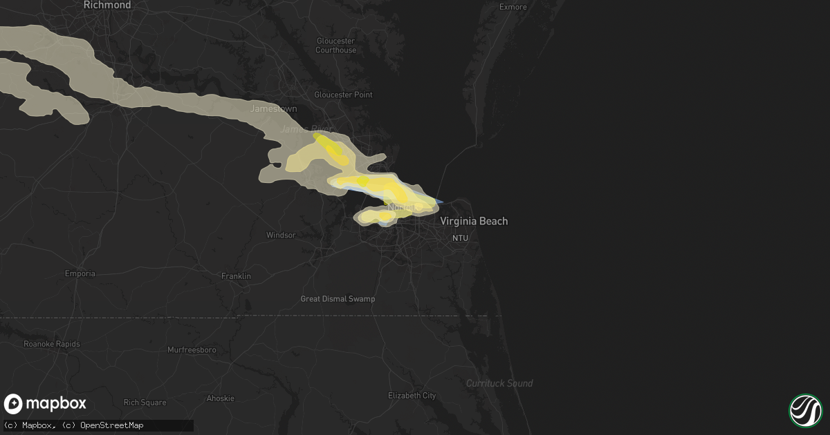 Hail map in Norfolk, VA on June 16, 2023
