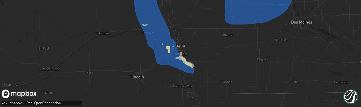 Hail map in Bellevue, NE on June 16, 2025