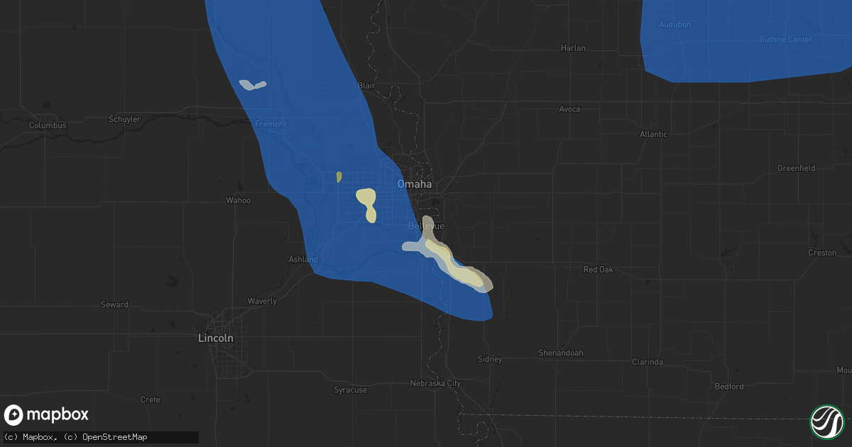 Hail map in Bellevue, NE on June 16, 2025