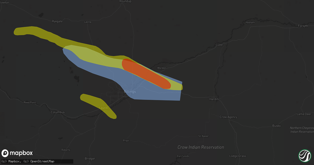 Hail map in Huntley, MT on June 16, 2025