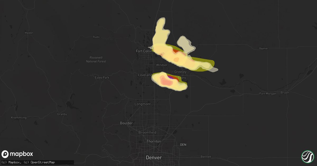 Hail map in Johnstown, CO on June 16, 2025
