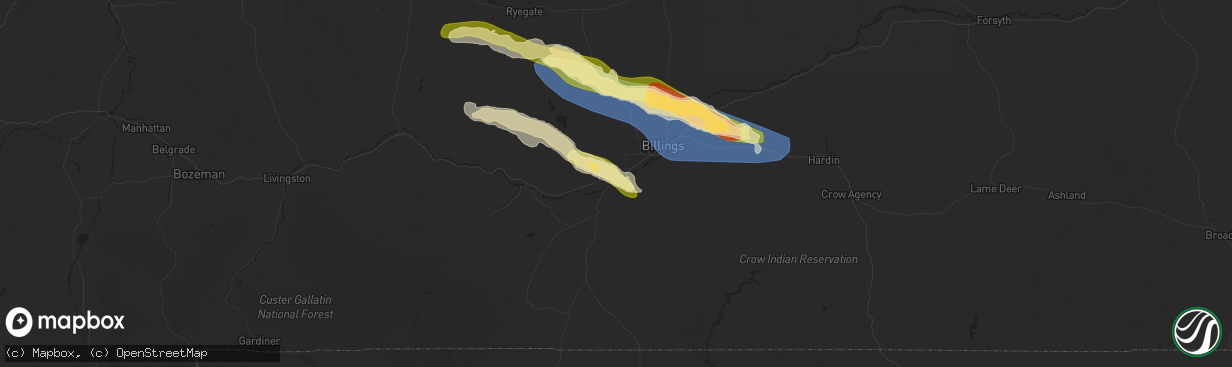 Hail map in Laurel, MT on June 16, 2025