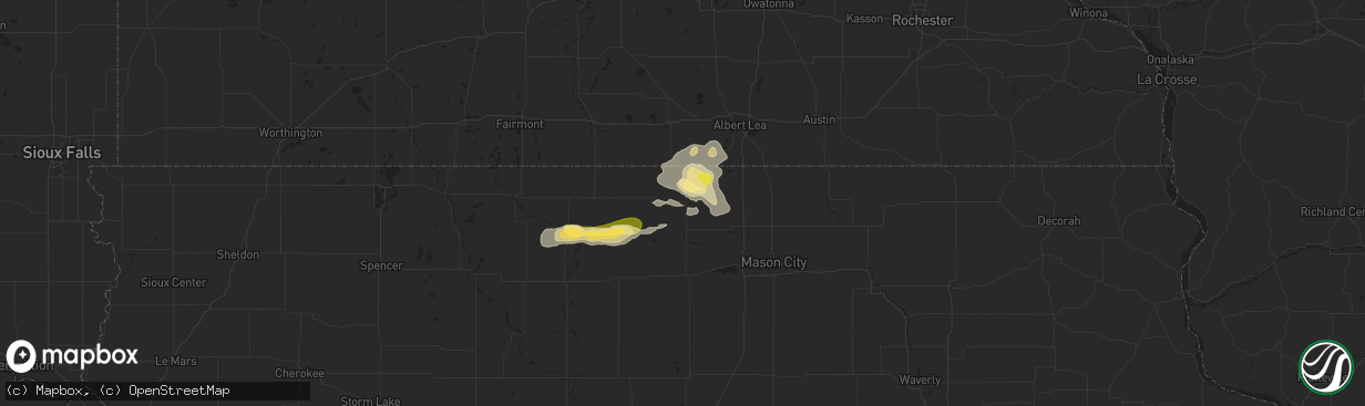 Hail map in Leland, IA on June 16, 2025