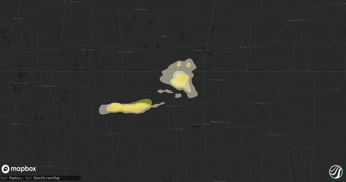 Hail map in Leland, IA on June 16, 2025