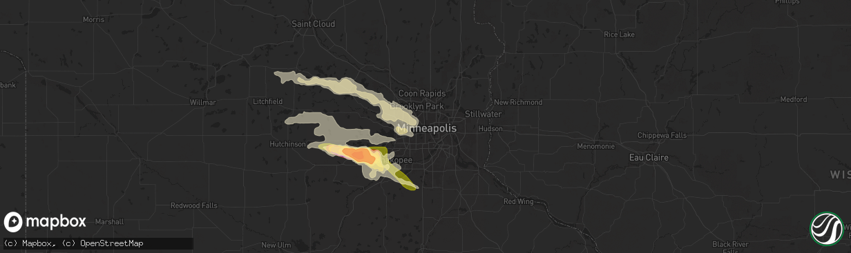 Hail map in Minneapolis, MN on June 16, 2025