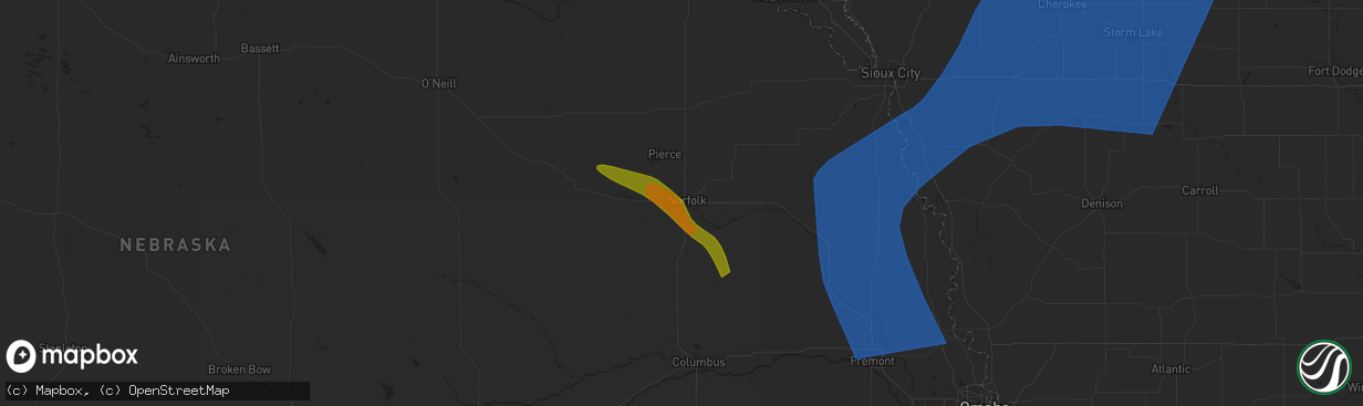 Hail map in Norfolk, NE on June 16, 2025