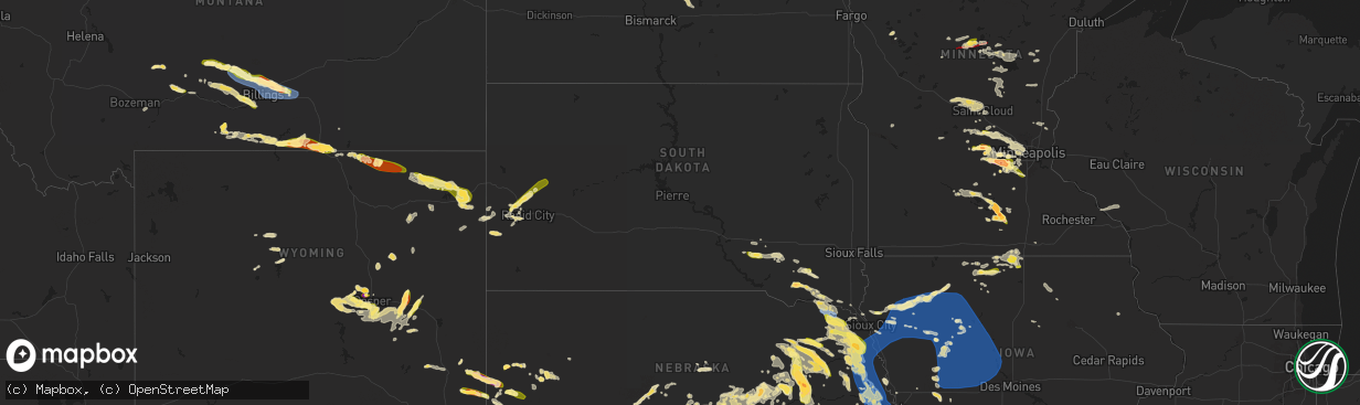 Hail map in South Dakota on June 16, 2025