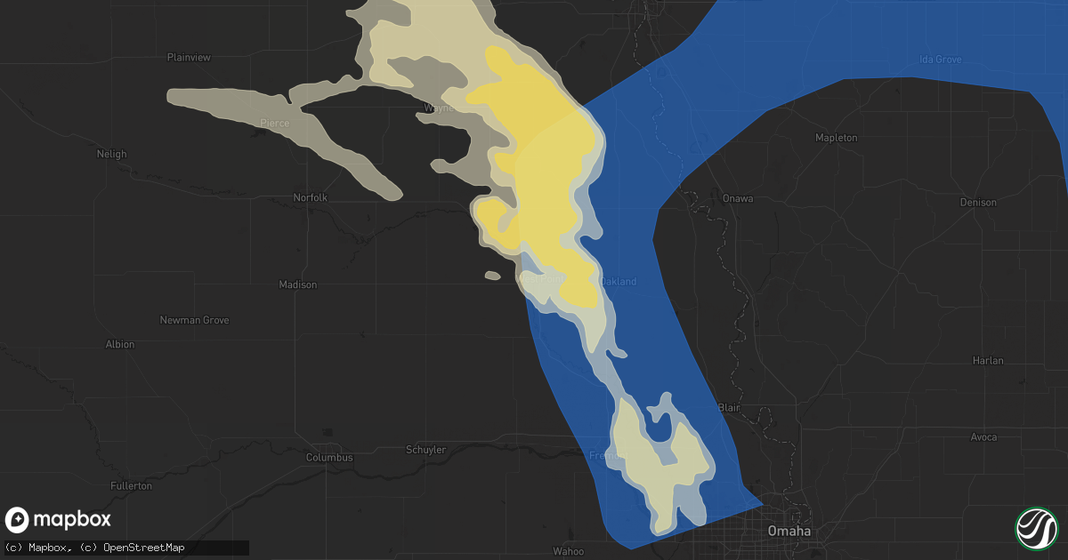 Hail map in West Point, NE on June 16, 2025