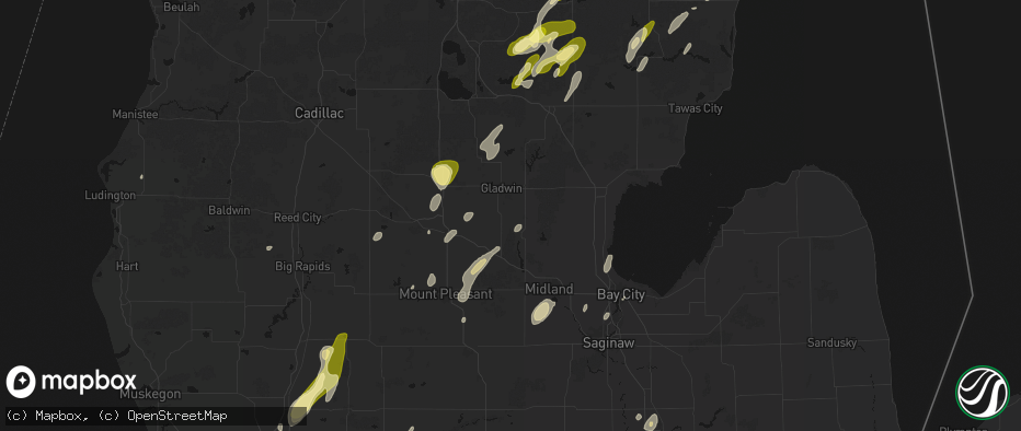 Hail map in Beaverton, MI on June 16, 2026
