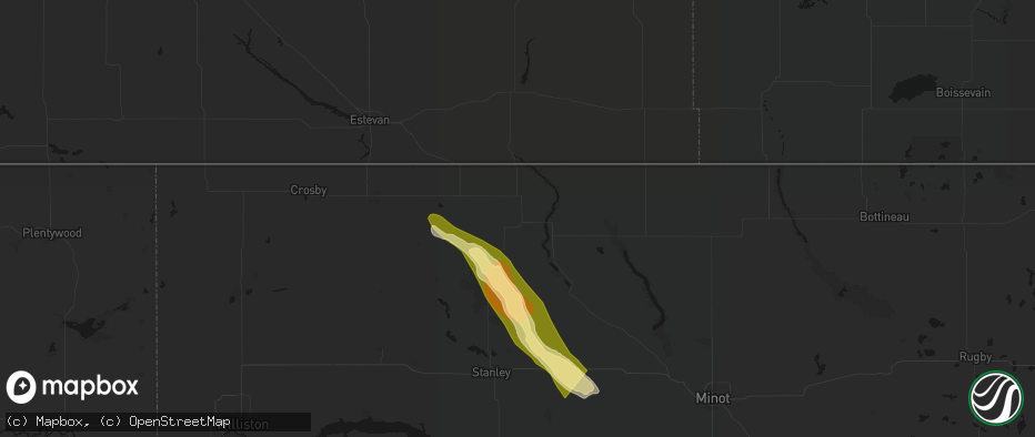 Hail map in Bowbells, ND on June 16, 2026