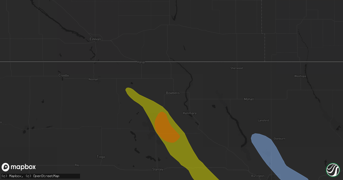 Hail map in Bowbells, ND on June 16, 2026