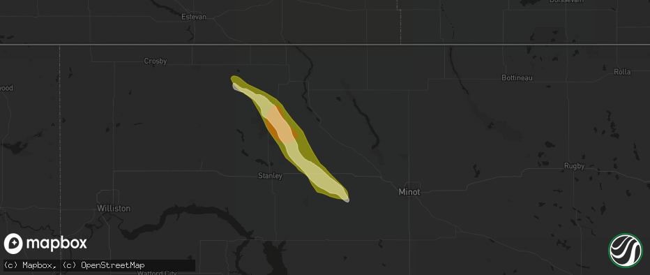Hail map in Donnybrook, ND on June 16, 2026