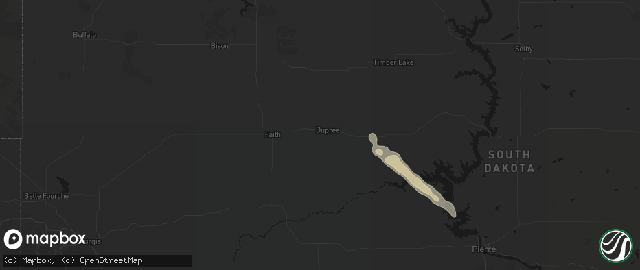 Hail map in Dupree, SD on June 16, 2026