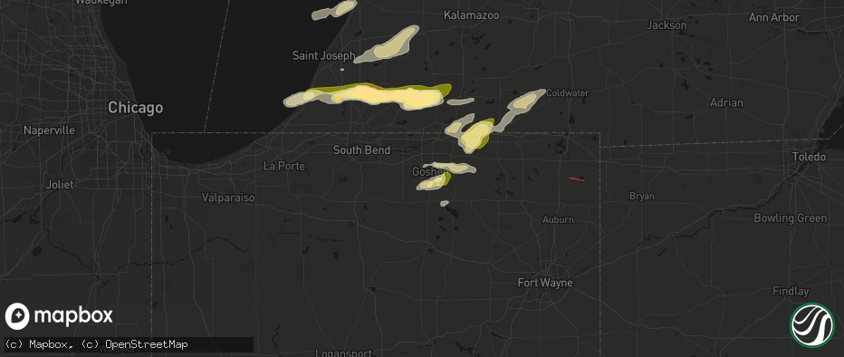 Hail map in Goshen, IN on June 16, 2026