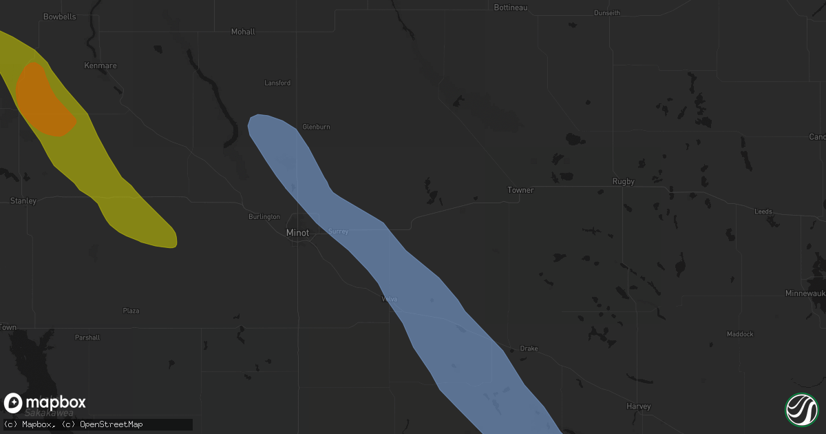 Hail map in Granville, ND on June 16, 2026