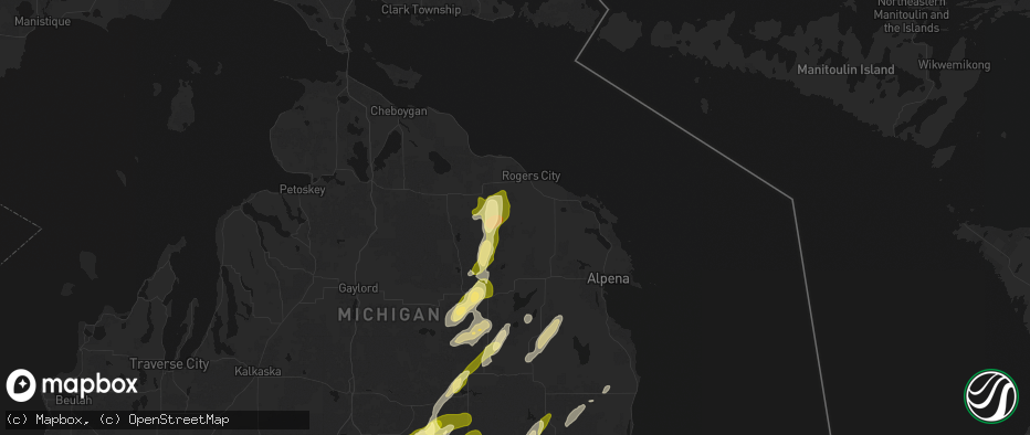 Hail map in Hawks, MI on June 16, 2026