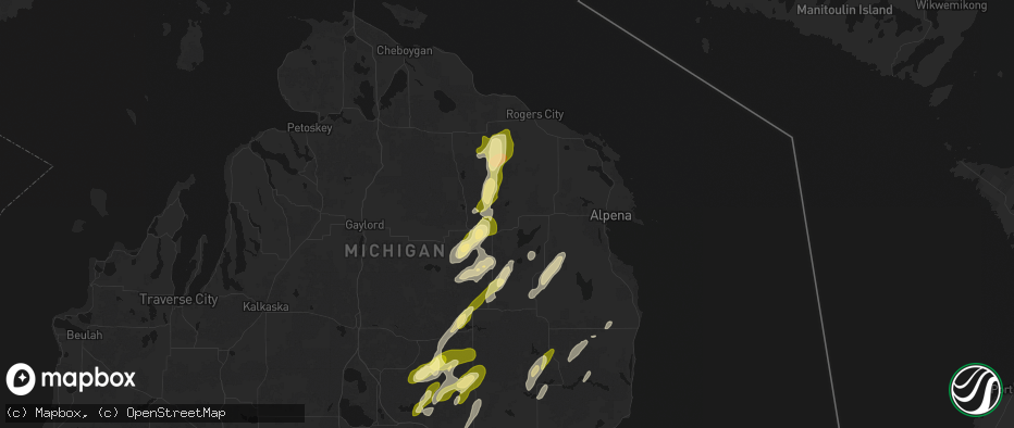 Hail map in Hillman, MI on June 16, 2026