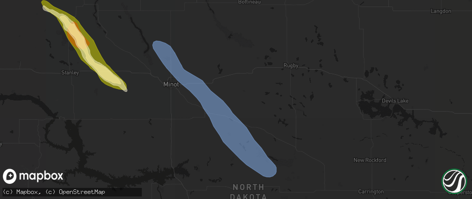 Hail map in Karlsruhe, ND on June 16, 2026