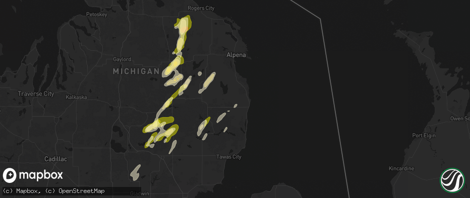 Hail map in Lincoln, MI on June 16, 2026