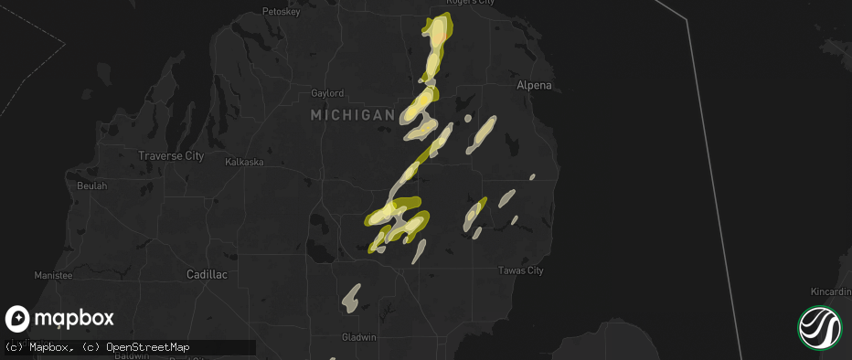 Hail map in Mio, MI on June 16, 2026