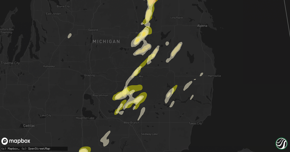 Hail map in Mio, MI on June 16, 2026