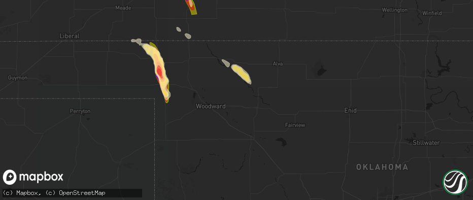 Hail map in Mooreland, OK on June 16, 2026
