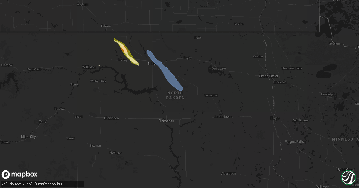 Hail map in North Dakota on June 16, 2026