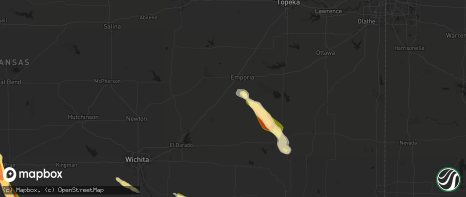 Hail map in Olpe, KS on June 16, 2026