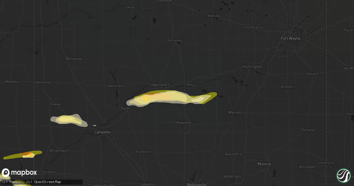 Hail map in Onward, IN on June 16, 2026
