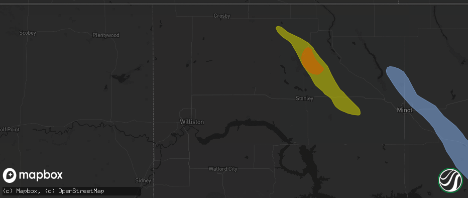 Hail map in Ray, ND on June 16, 2026