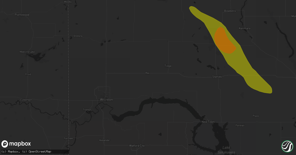 Hail map in Ray, ND on June 16, 2026