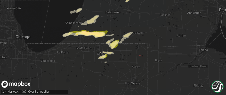 Hail map in Shipshewana, IN on June 16, 2026
