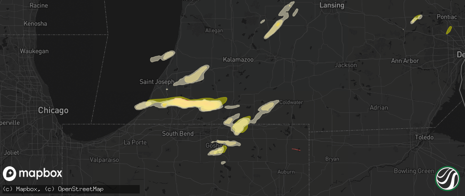 Hail map in Three Rivers, MI on June 16, 2026