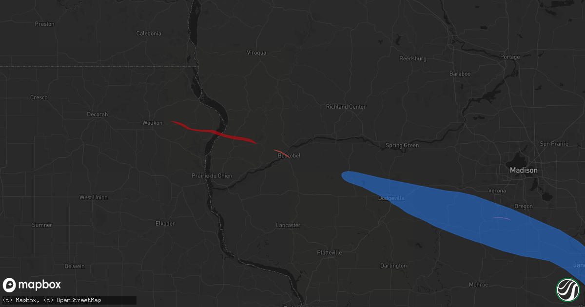 Hail map in Boscobel, WI on June 17, 2026